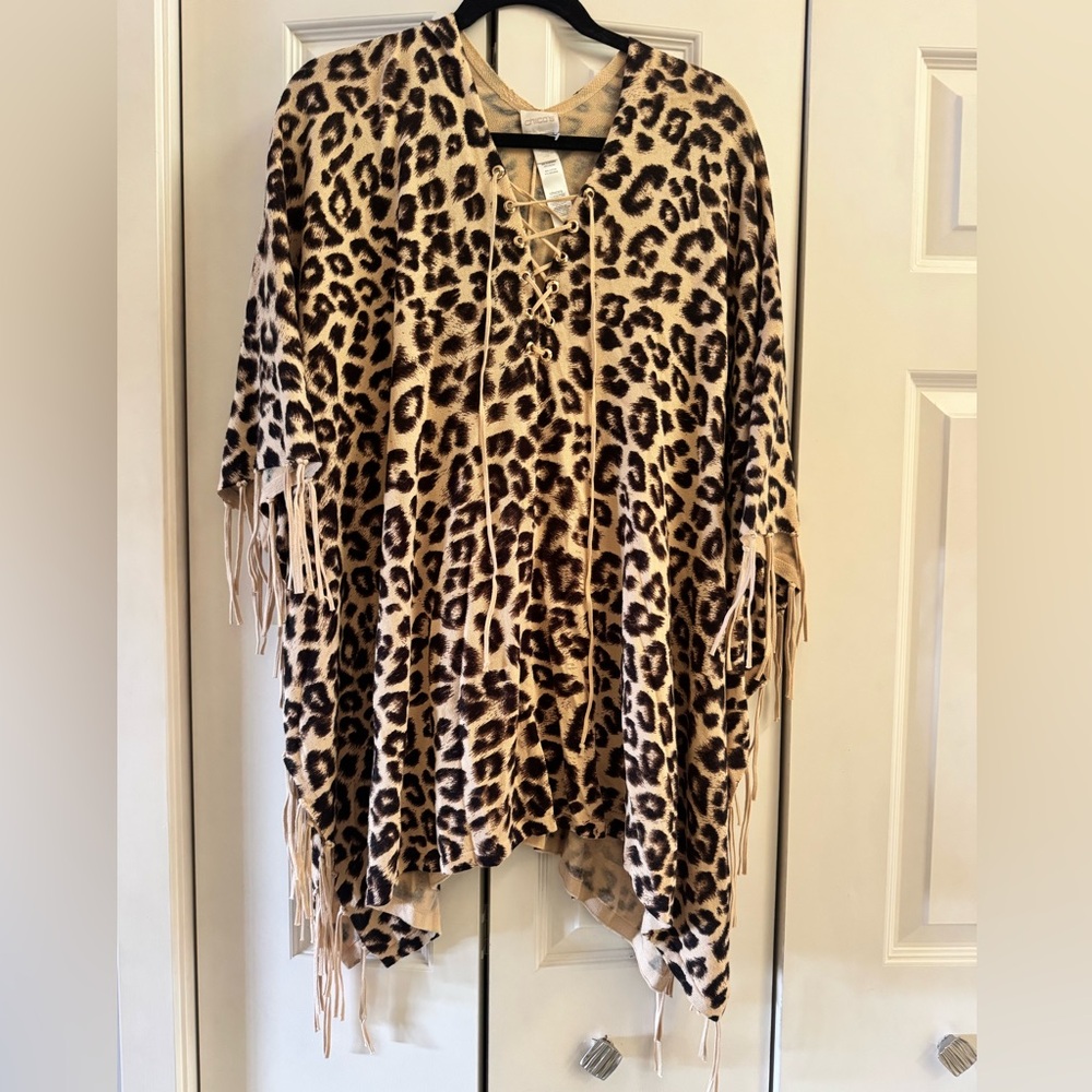 Chicos‎ Lace-Up Animal-Print Fringe Poncho One Size
